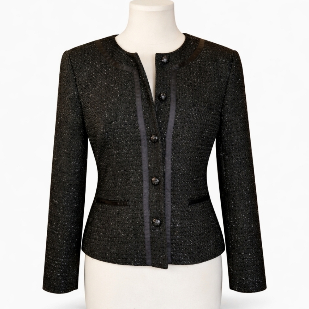 Black Metallic Tweed Blazer Jacket Covington Womens Small S Boucle Shimmer